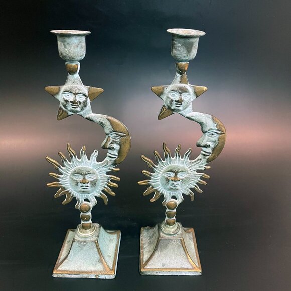 Vintage Celestial Brass Sun Moon & Star Candle Holders 3 Tiered Andrea by Sadek - Picture 2 of 7